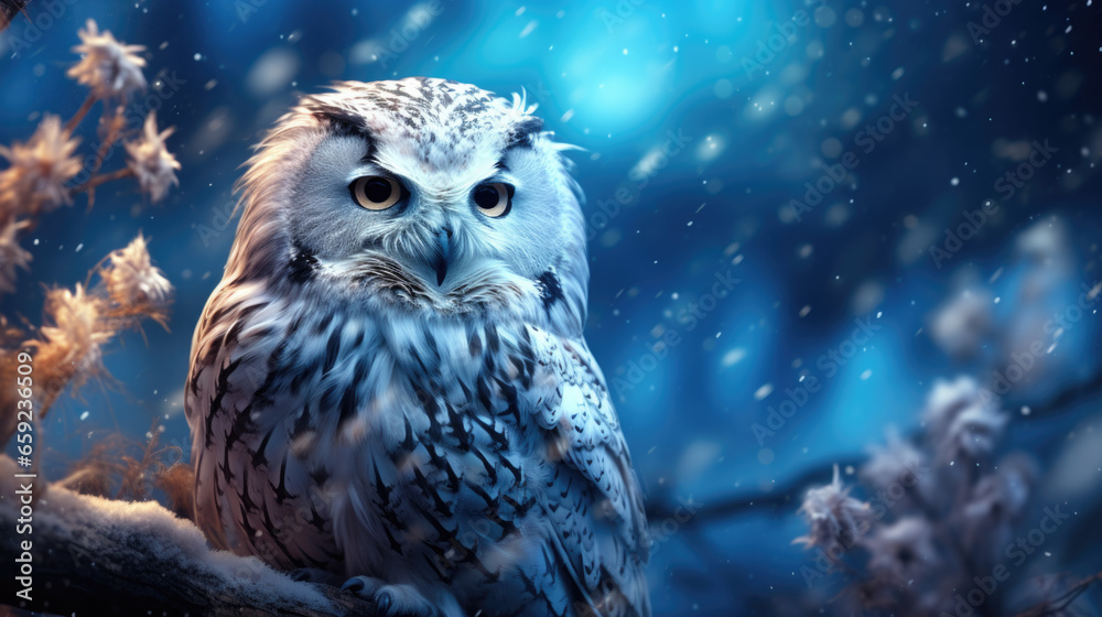 beautiful owl with yellow eyes in winter beautiful owl with yellow eyes in winter