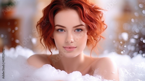 Short red hair woman relaxing in bath with foam soap