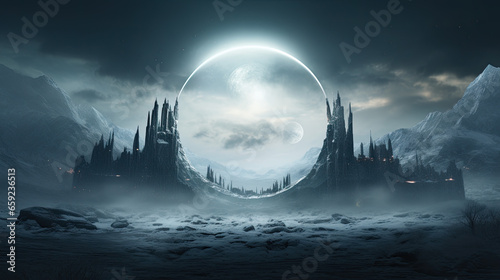 Illustration of a sphere over a frozen landscape on an alien planet