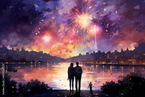 Romantic couple enjoying fireworks on New Year s Eve  watercolor
