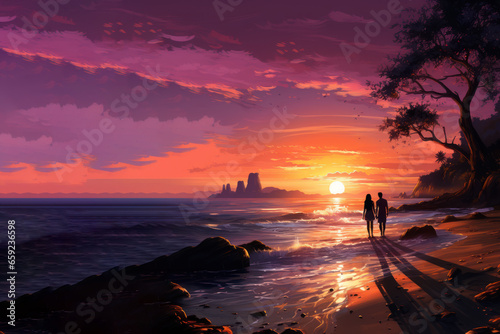Silhouette of a romantic couple enjoying the sunset on the beach, watercolor