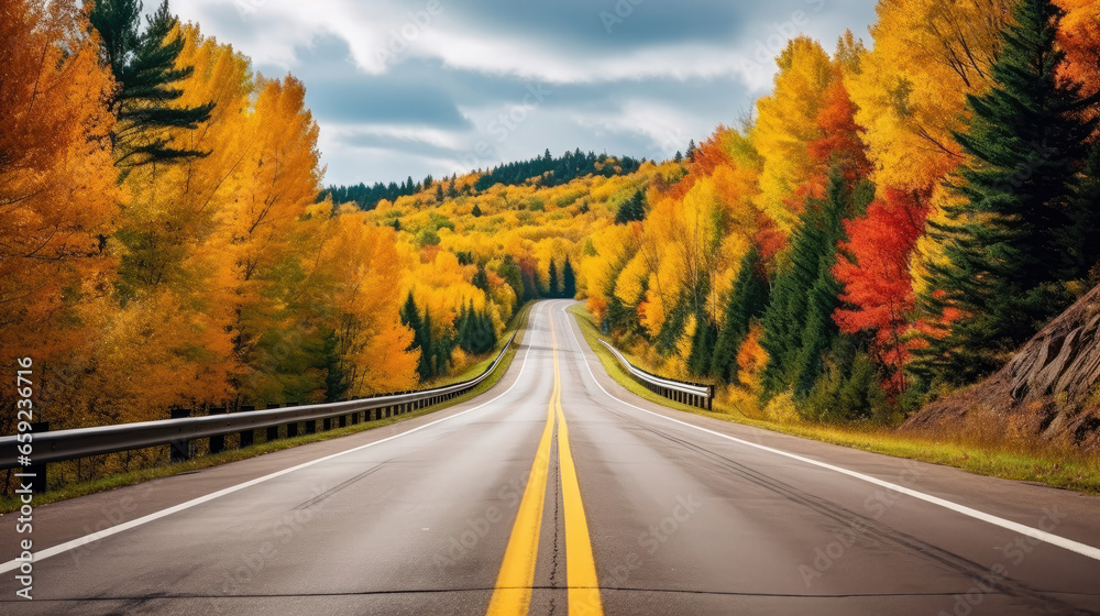 Naklejka premium COUNTRY ROAD IN FALL AUTUMN Dramatic, moody scene of rural highway running through beautiful forest landscape. Orange and green foliage colors. Adventure through Canadian territory