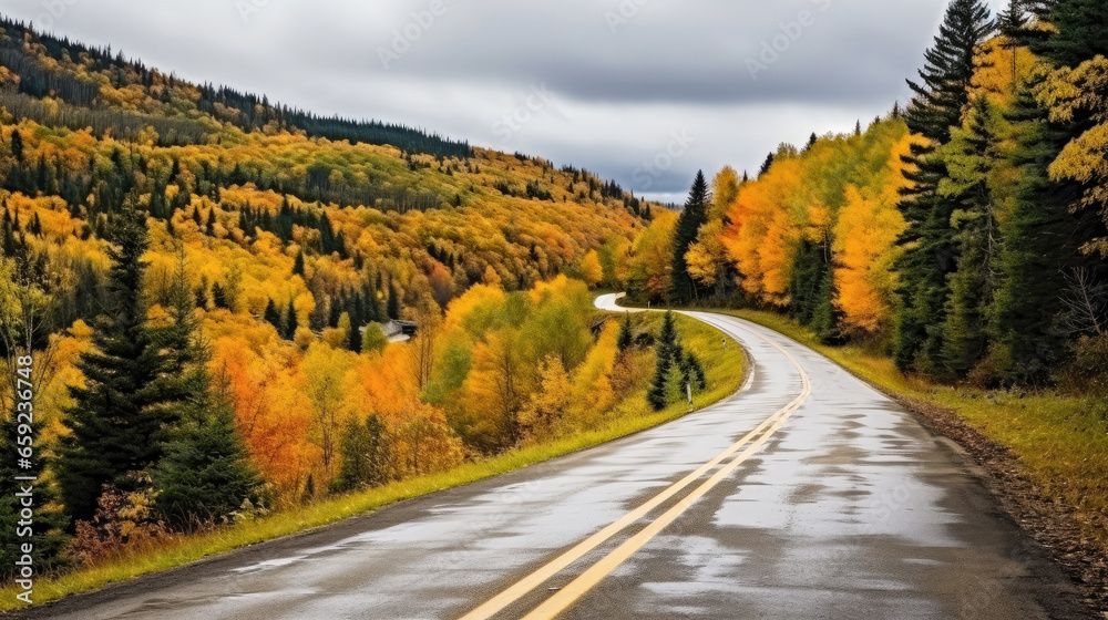 COUNTRY ROAD IN FALL AUTUMN Dramatic, moody scene of rural highway running through beautiful forest landscape. Orange and green foliage colors. Adventure through Canadian territory