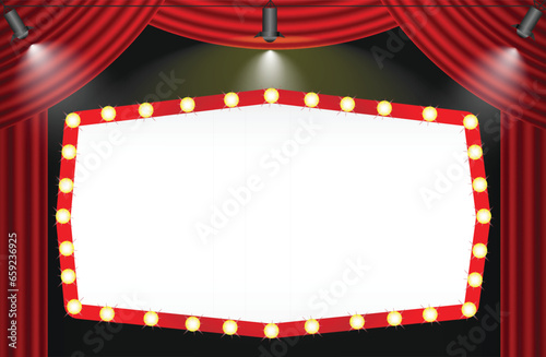 Showtime banner with curtain illuminated by spotlights with black background