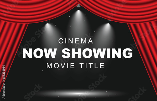 Showtime banner with curtain illuminated by spotlights with black background