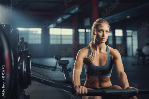 a girl Gym Member Using The Rowing Machine