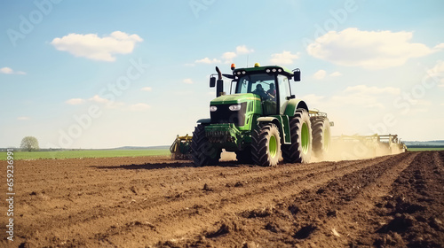 Farmer in tractor preparing land with seedbed cultivator as part of pre seeding activities in early spring season of agricultural works at farmlands Cultivated field Agronomy farming husbandry concept