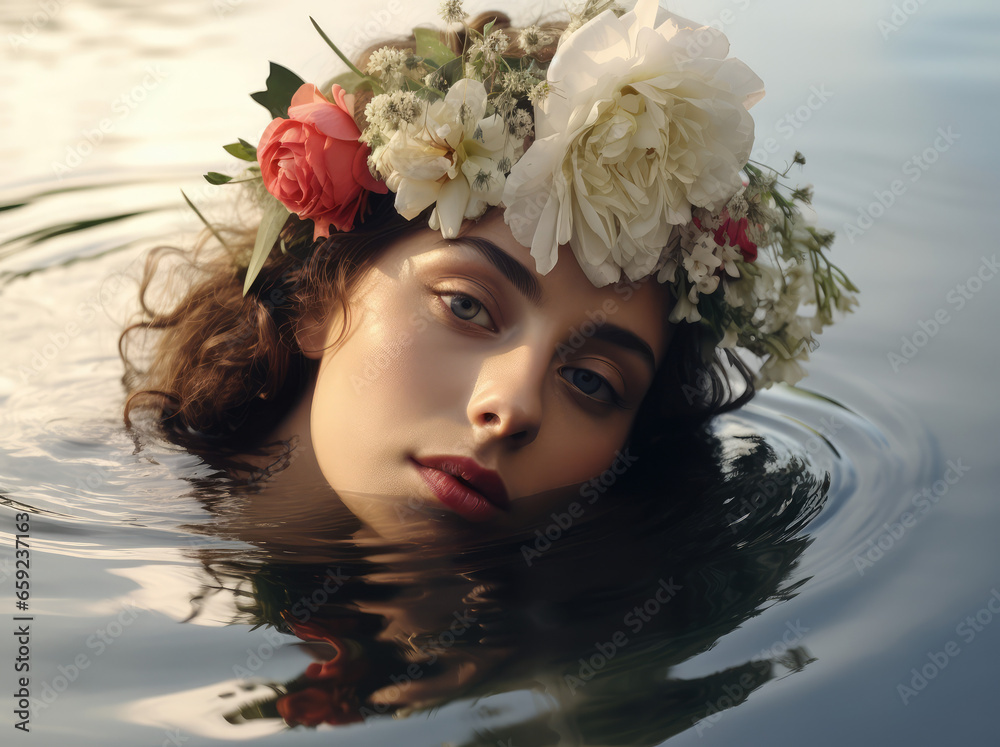 a woman with a flower in her head on the water