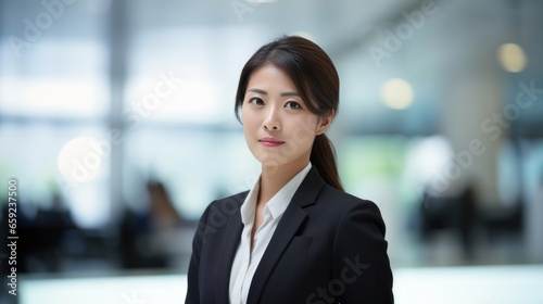 Portrait of a serious Japanese businesswoman standing in office.