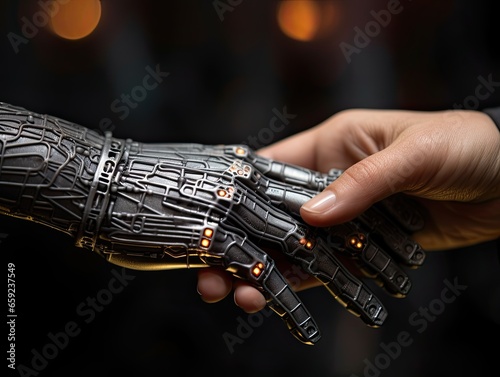 AI-generated close-up illustration of a handshake between a man and a robot. MidJourney.