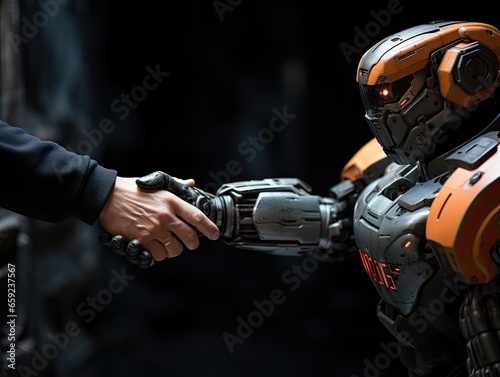 AI-generated close-up illustration of a handshake between a man and a robot. MidJourney.