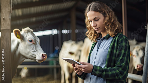Female farmer with tablet pc standing by cow at cattle farm photo