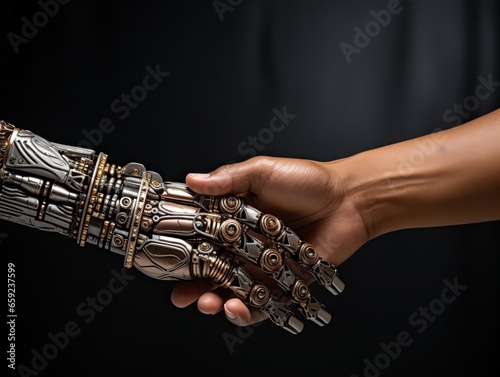 AI-generated close-up illustration of a handshake between a man and a robot. MidJourney.