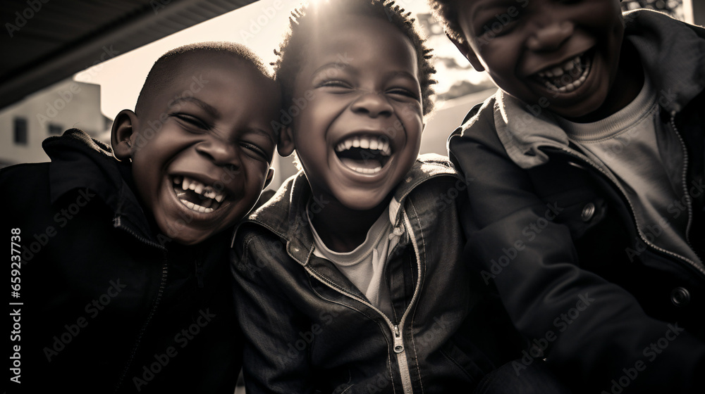 車の中で男の子3人が笑っている逆光の写真のアップ - obrazy, fototapety, plakaty 