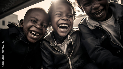 車の中で男の子3人が笑っている逆光の写真のアップ
