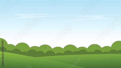 landscape cartoon scene with green hills and white cloud in summer blue sky background