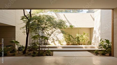 庭木があるおしゃれな中庭が見える大きな窓から見る家の風景 photo
