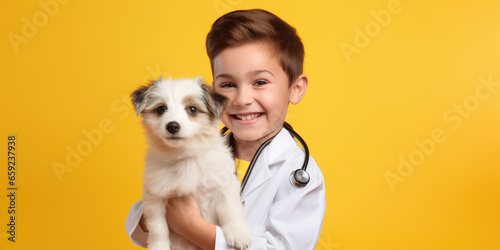 cute kid veterinary with a dog isolated on yellow background with copy space