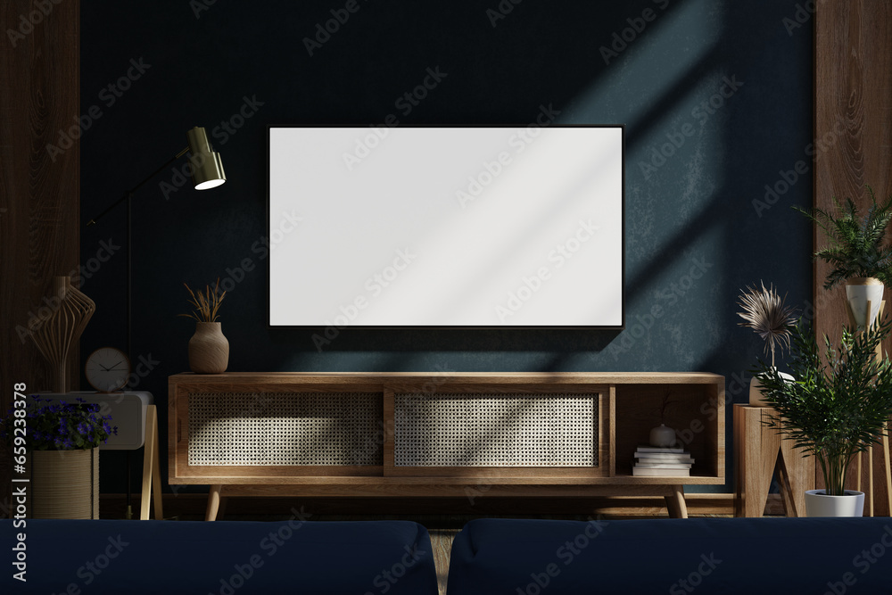 Dark blue wall in night time have tv on wood cabinet in living room with sofa - obrazy, fototapety, plakaty 