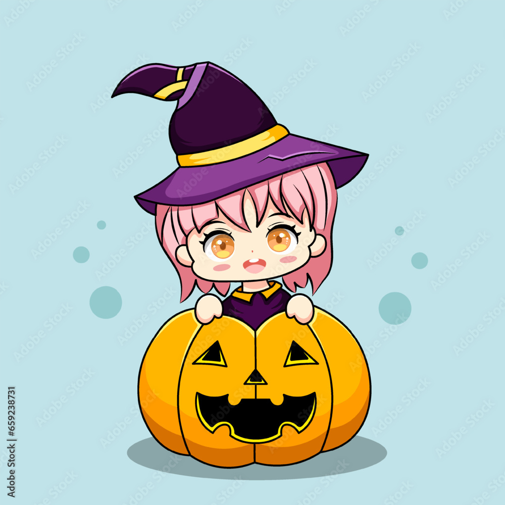 Cute Little Witch With Pumpkin Illustration