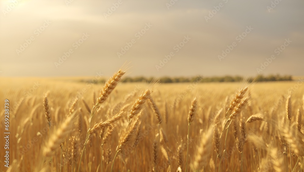 Obraz premium Beautiful mesmerizing landscape of wheat field under cloudy sky. Minimal abstract background with nature and summer concept. With copy space.