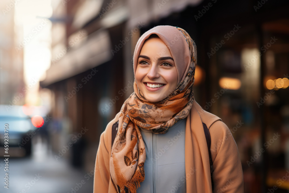 smiling ethnic woman in hijab, street background