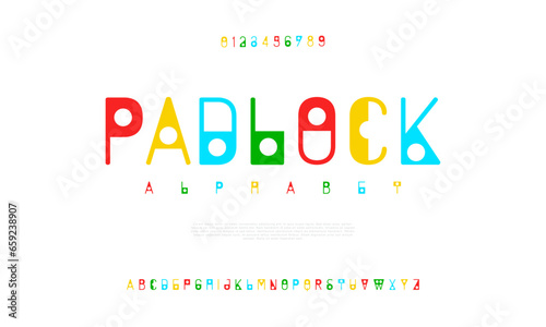 Padlock modern urban alphabet font. Digital abstract moslem  futuristic  fashion  sport  minimal technology typography. Simple numeric vector illustration