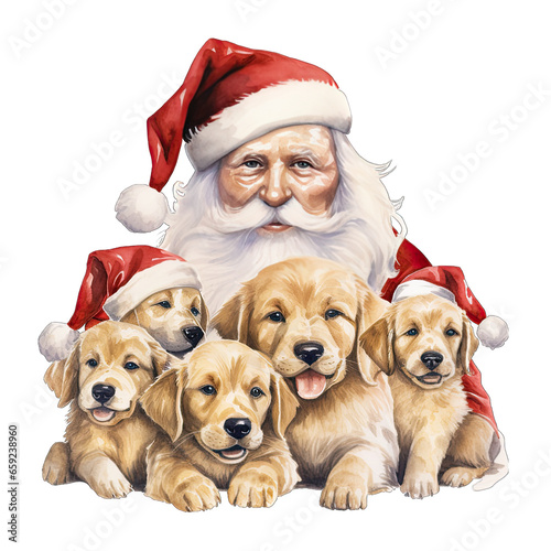 Santa Claus with a bunch of golden retrievers puppy dogs for Christmas, isolated on transparent background © MelissaMN