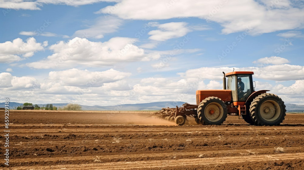 Side view of unrecognizable farmer driving tractor while working soil of agricultural field under cloudy sky on sunny day Side view of unrecognizable farmer driving tractor while working soil of agricultural field under cloudy sky on sunny day