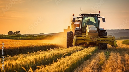 Tractor working on the rice fields barley farm at sunset time, modern agricultural transport. photo