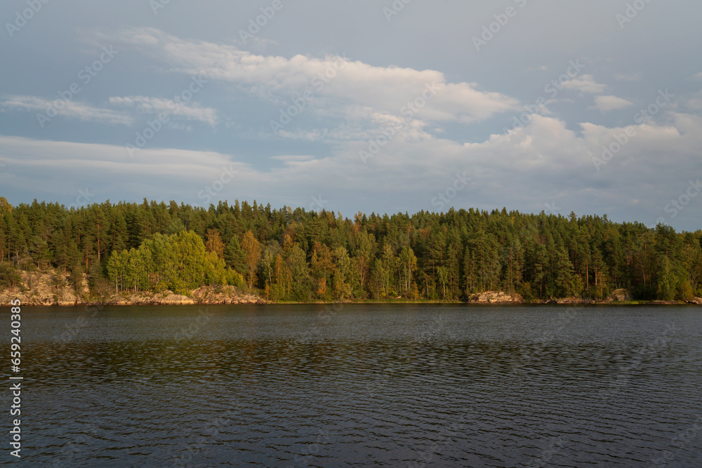 Lake Ladoga near the village Lumivaara on a sunny autumn day, Ladoga skerries, Lakhdenpokhya, Republic of Karelia, Russia Lake Ladoga near the village Lumivaara on a sunny autumn day, Ladoga skerries, Lakhdenpokhya, Republic of Karelia, Russia
