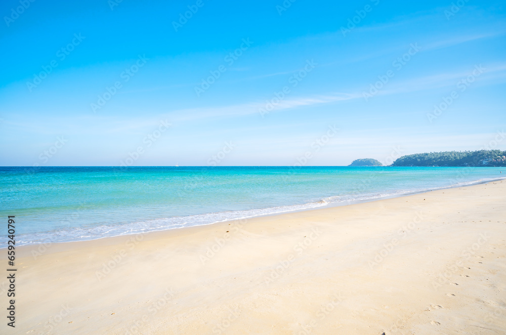 Empty tropical beach and seascape, Beautiful sandy beach and sea in sunny day,Blue sky in good weather day, Beach sea space area nature background
