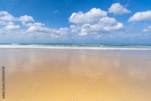 Beautiful beach in summer season,Amazing nature landscape view of beach and sea in good weather day, Beach sea sky background