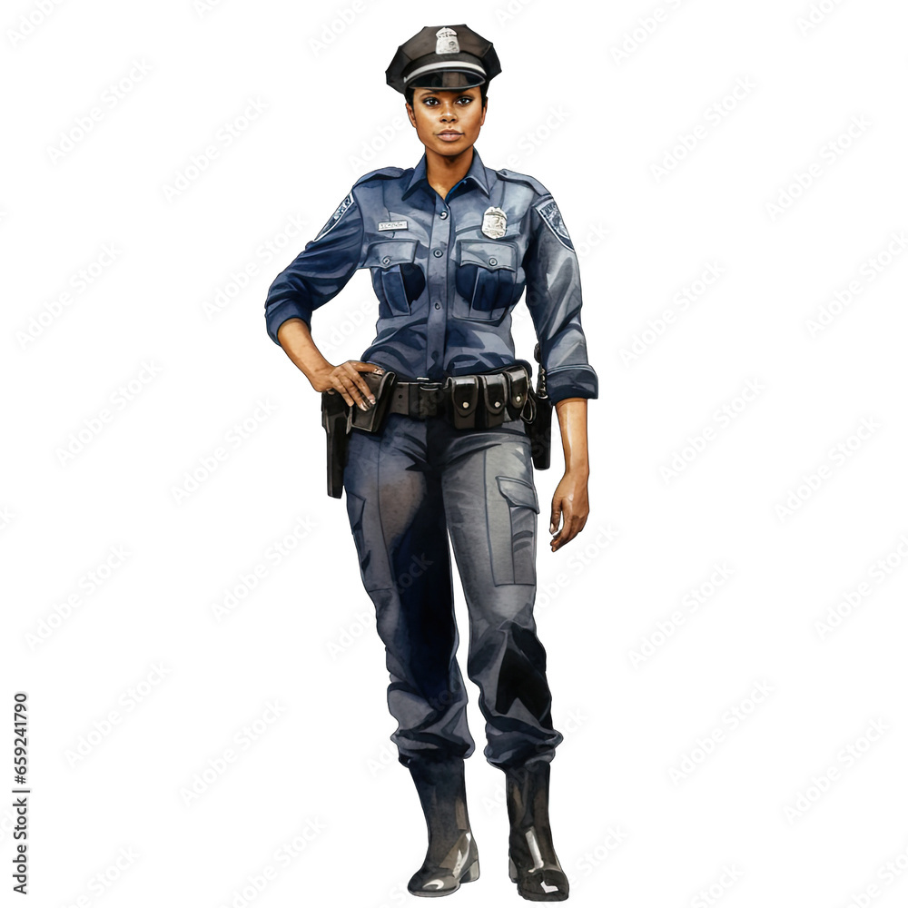 Black African American woman police officer, portrait. Isolated on white background Black African American woman police officer, portrait. Isolated on white background