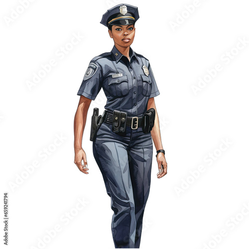 Black African American woman police officer, portrait. Standing in uniform. Isolated on white background