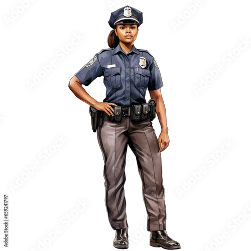 Black African American woman police officer, portrait. Isolated on white background