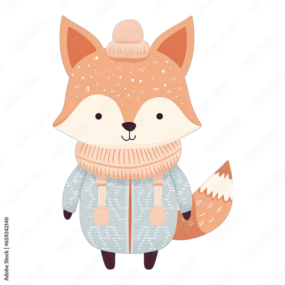 Scandinavian winter fox, dressed in winter clothing. Flat design style. Isolated on white transparent background