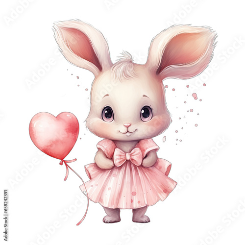 Cute Valentine's Day bunny rabbit, dressed in a pink dress, watercolor. Isolated