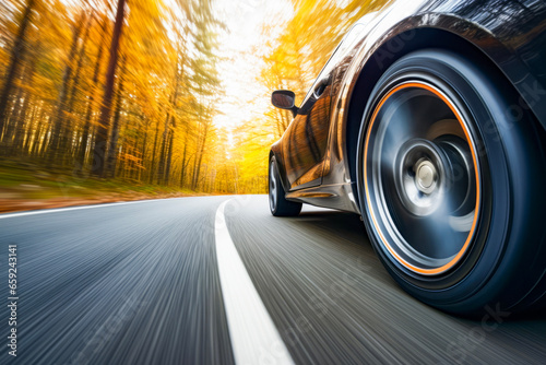 Close up tire and wheel of a car on the road in background of autumn view with forest with long exposure nature scape. The driving concept of travel and vacation.