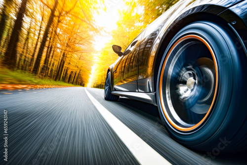 Close up tire and wheel of a car on the road in background of autumn view with forest with long exposure nature scape. The driving concept of travel and vacation. © cwa