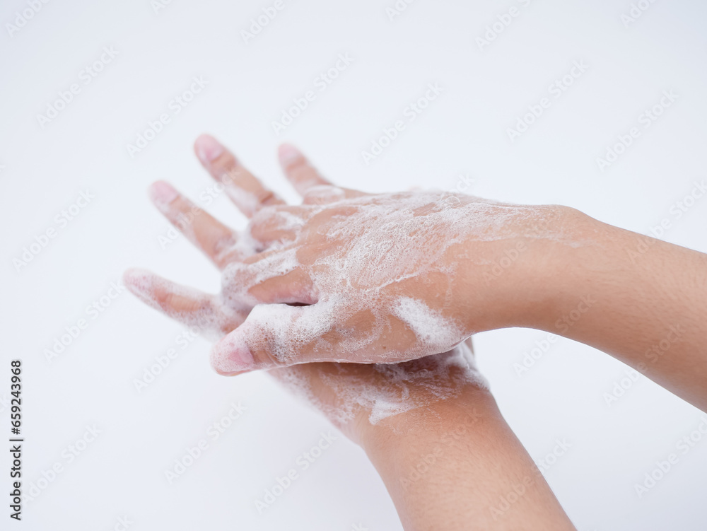 hand washing with foam of soap isolated on white background - obrazy, fototapety, plakaty 