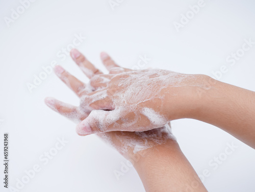 hand washing with foam of soap isolated on white background
