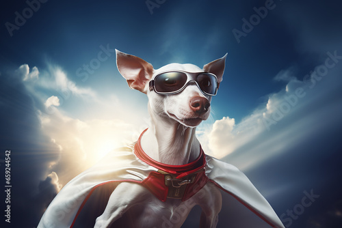 Generative AI Image of White Whippet Dog Flying in the Sky Wearing Superhero Cloak © heartiny