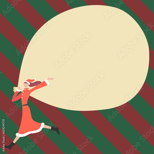 クリスマス向けサンタの格好をした女性が大きな袋を担いでいる