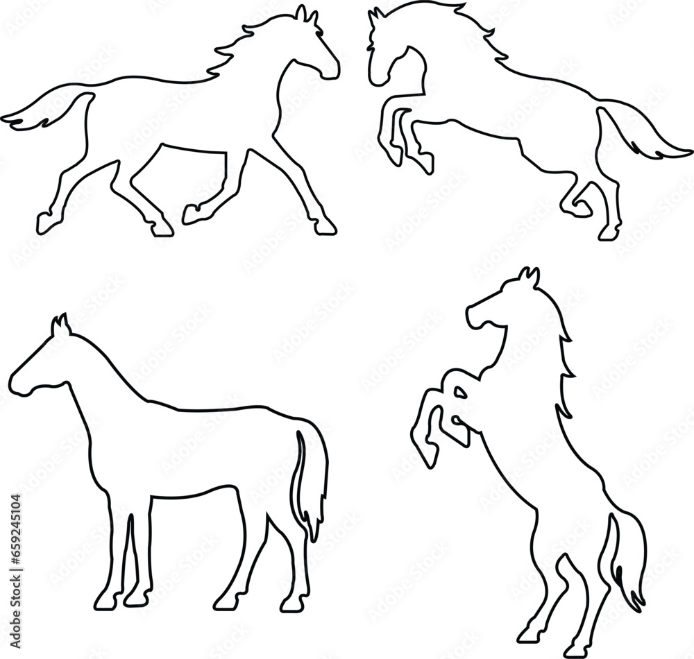 set of Black silhouettes of a rearing horses with editable stock . Prancing stallion pricked up its ears. Vector design element collection for equestrian goods isolated on transparent background.