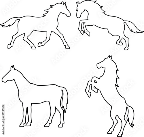 set of Black silhouettes of a rearing horses with editable stock . Prancing stallion pricked up its ears. Vector design element collection for equestrian goods isolated on transparent background.