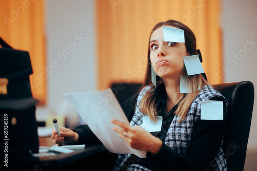 Busy Businesswoman Being Covered in Sticky Notes Working. Stressed office worker using written memos to organize her business strategy 
