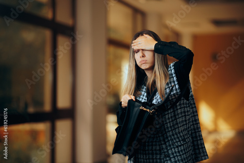 Stressed Office Worker Checking her Bag Losing something Important. Unhappy manager forgetting some personal item at the workplace 

