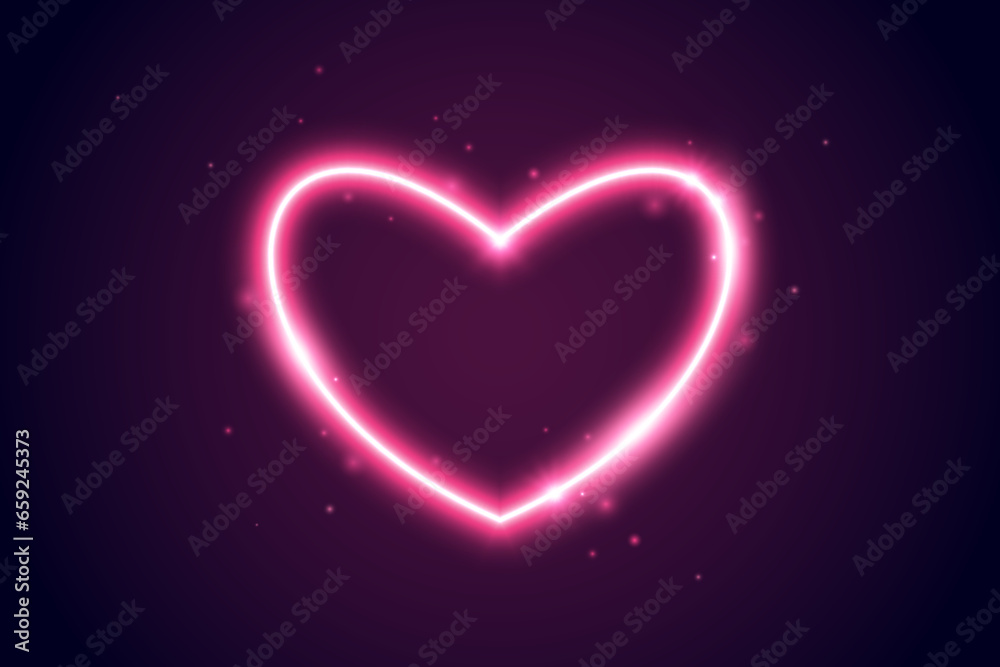 Neon glow heart frame. Illuminated pink heart-shaped shape with sparks. Neon color lighting design element for banner, poster, collage, template. Shining sign with sparkles. Vector illustration