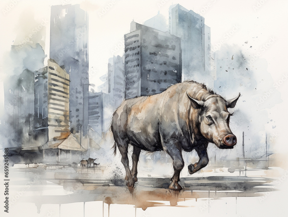 Naklejka premium A Minimal Watercolor of a Warthog on the Street of a Large Modern City